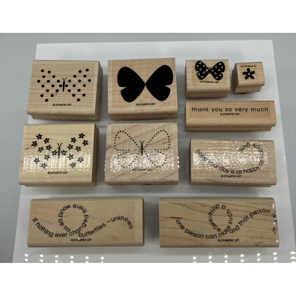 Stampin Up Flight Of The Butterfly Set of 10 Wood Stamps Happy Thank You Flower - Picture 9 of 11